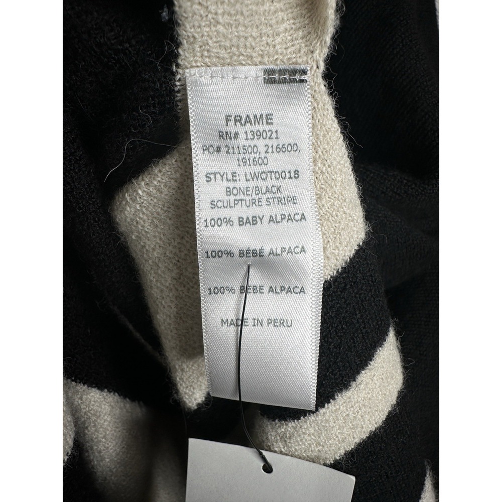 FRAME Baby Alpaca Poncho Block Striped Fringe Black Bone Hooded Cape Cozy Knit - Picture 8 of 10